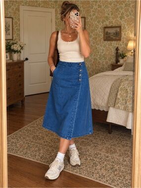 vintage l.l.bean denim midi skirt a-line button front 90s preppy grandma core